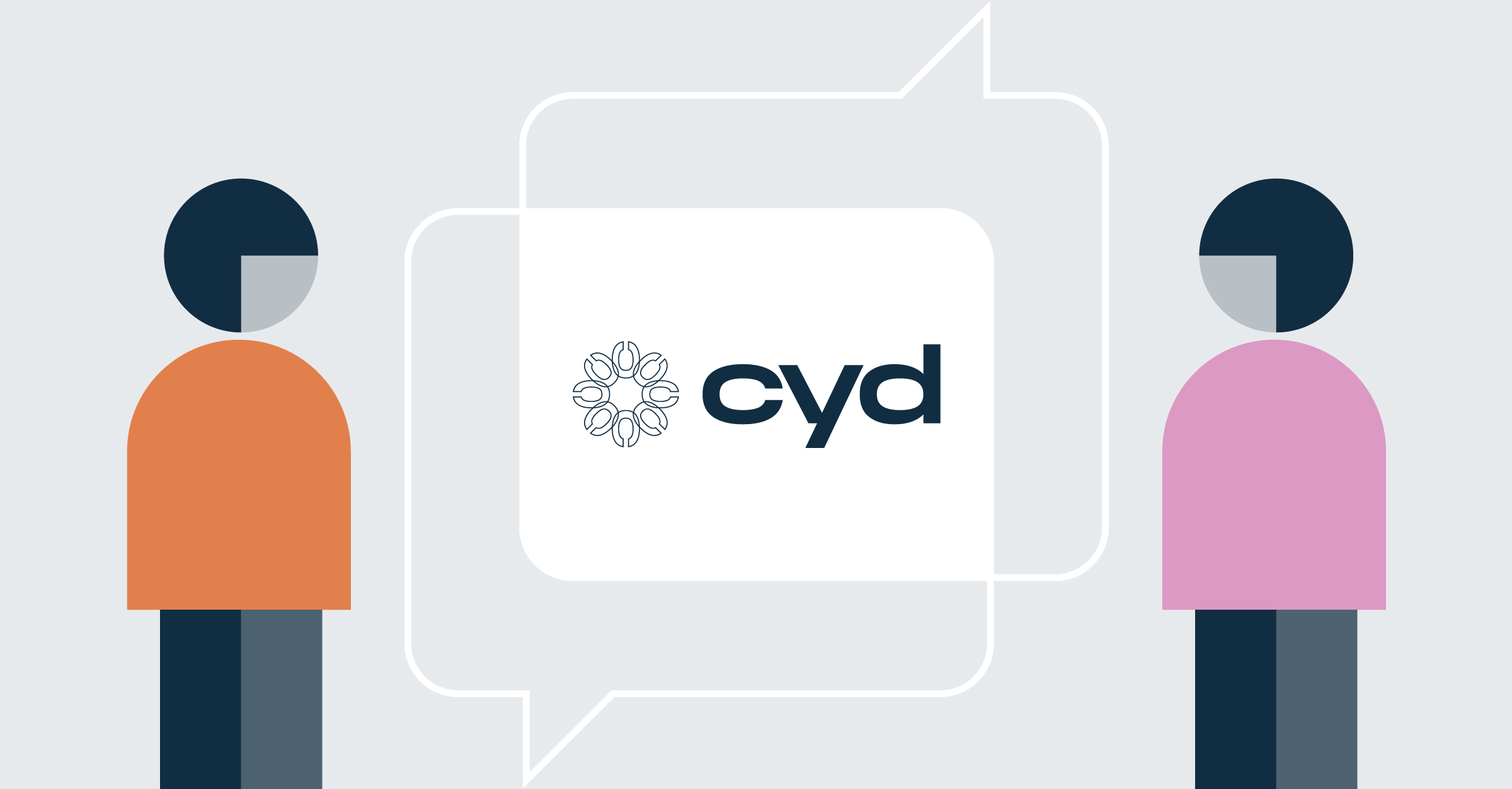 Two digitally drawn people facing each other for a conversation. Between them there is a white board on the wall with the Cyd logo at its centre